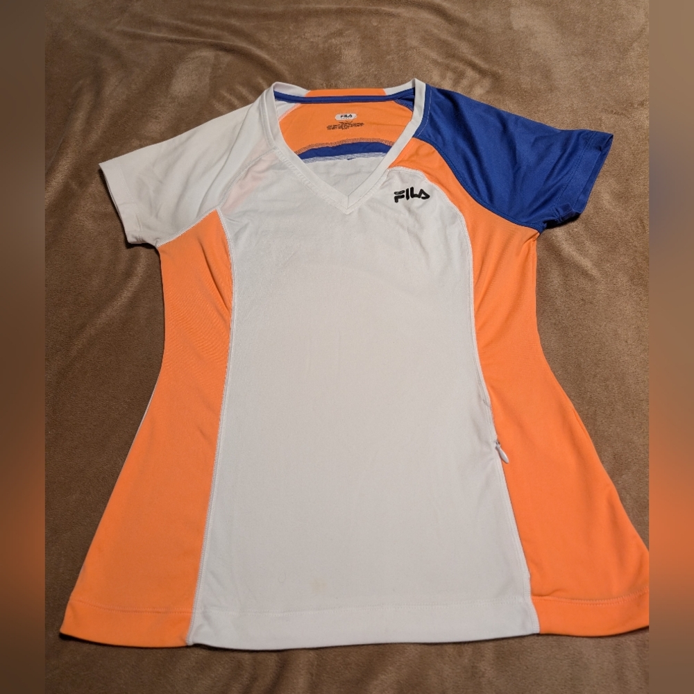 Ladies Fila® Sporty Dry Fit-White, Orange & Blue Work-Out Top